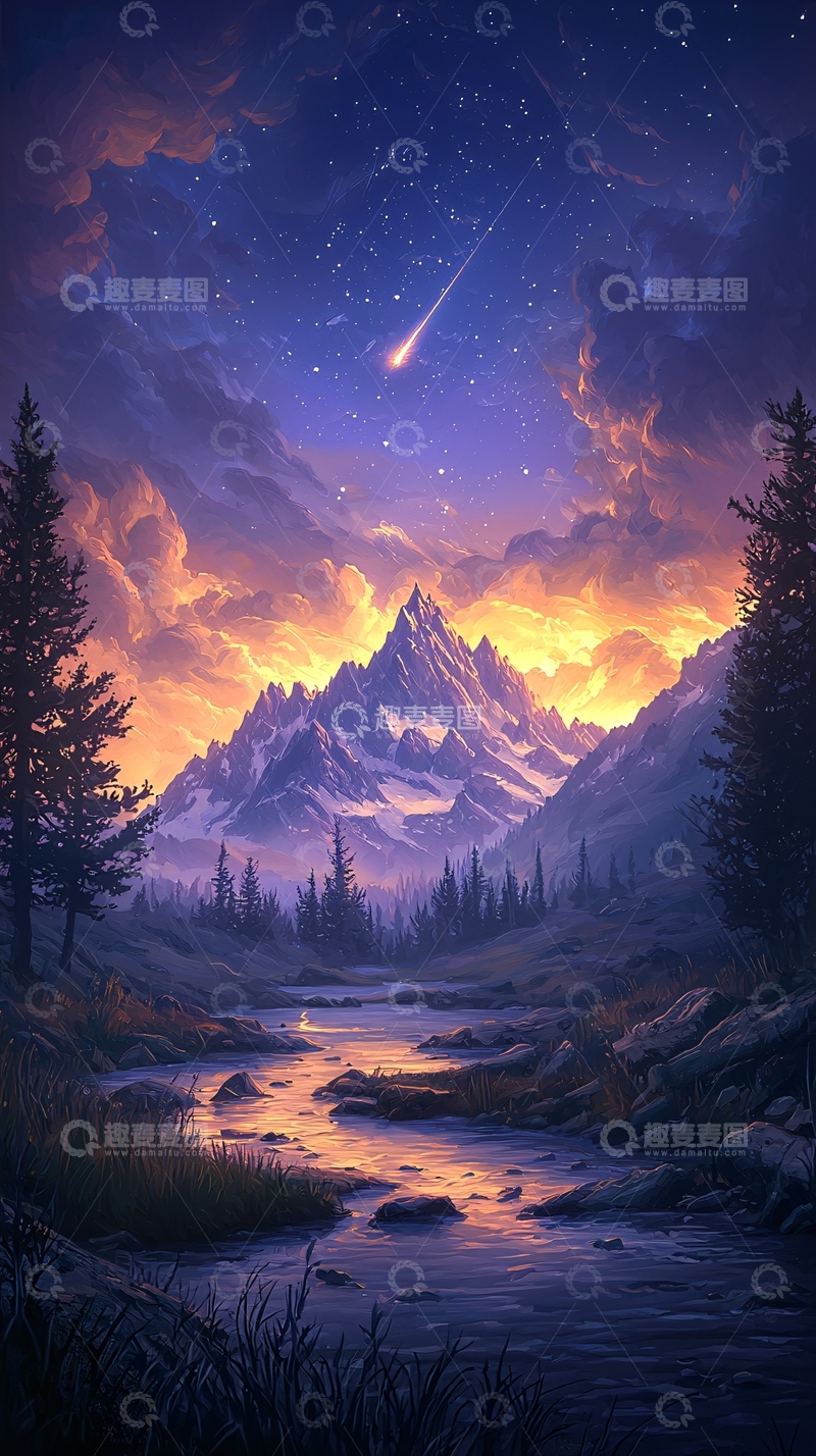 高清大图下载【趣麦麦图】流星夜空下的雪山溪流