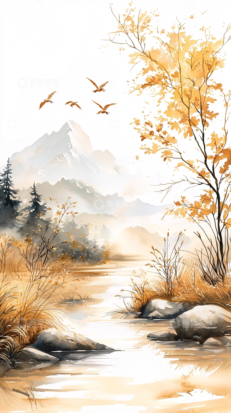 高清大图下载【趣麦麦图】秋日山间溪流鸟瞰图