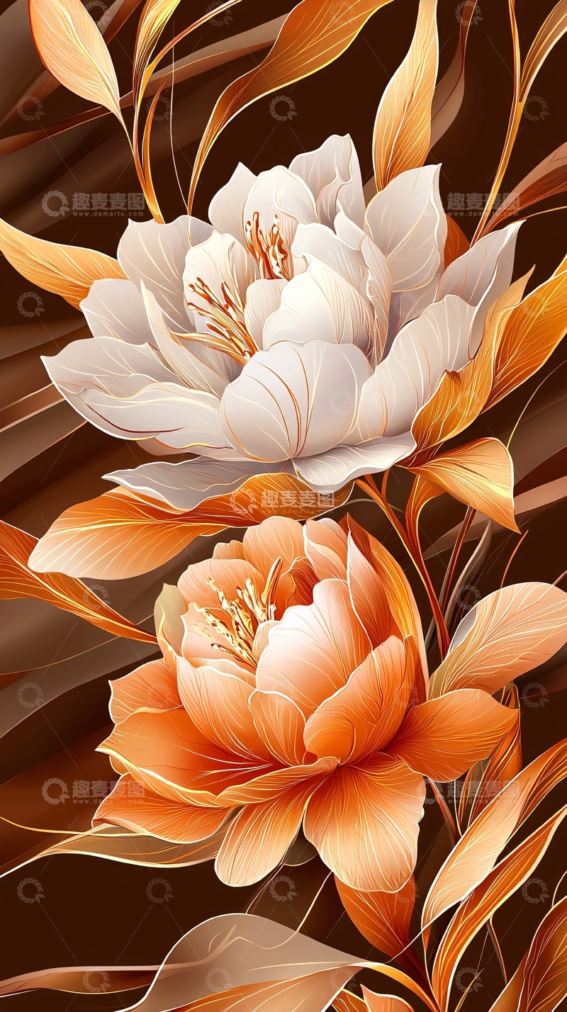 高清大图下载【趣麦麦图】金色花卉艺术插画背景