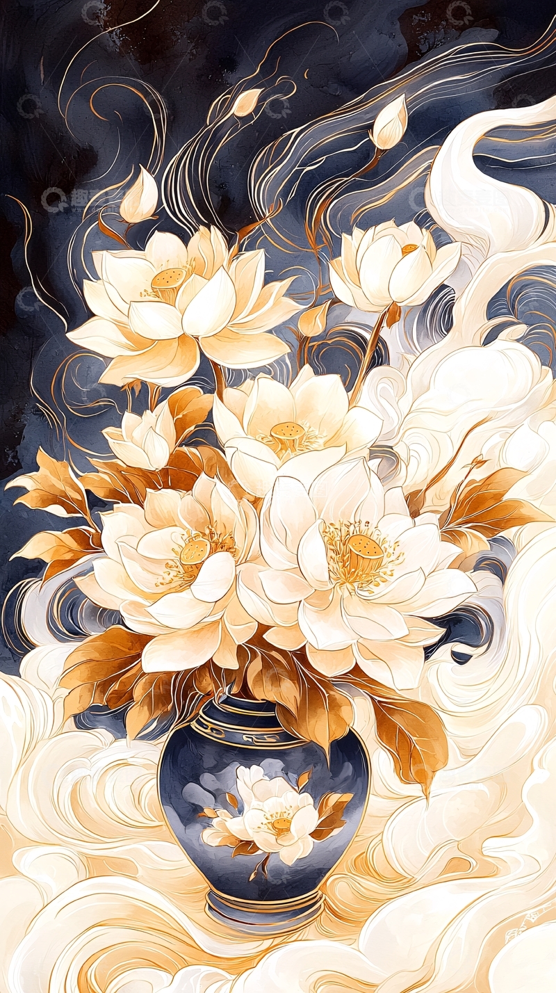 高清大图下载【趣麦麦图】金色莲花与古瓶插花