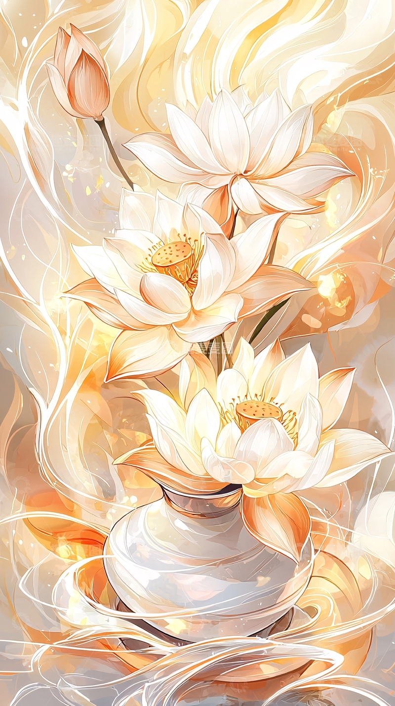 高清大图下载【趣麦麦图】莲花盛开的花瓶插画