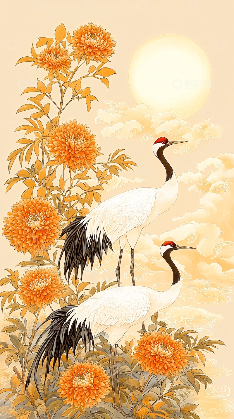 高清大图下载【趣麦麦图】丹顶鹤与菊花的秋日美景