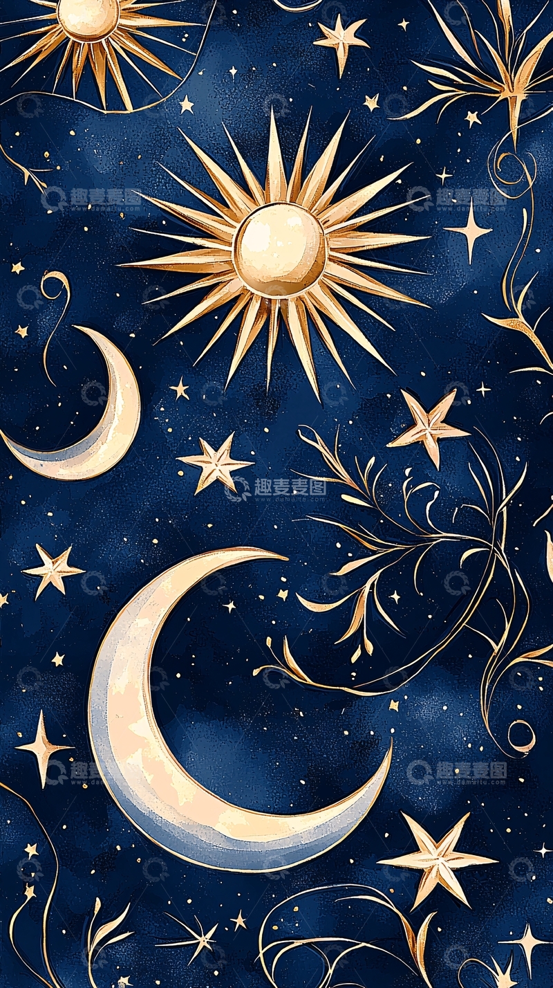 高清大图下载【趣麦麦图】夜空中的月亮和星星图案