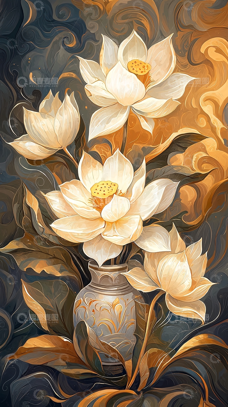 高清大图下载【趣麦麦图】金色莲花与古瓶插花