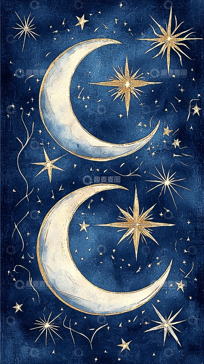 高清大图下载【趣麦麦图】夜空中的弯月与星星