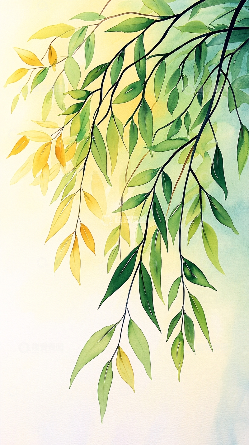 高清大图下载【趣麦麦图】秋日垂柳树枝树叶背景图