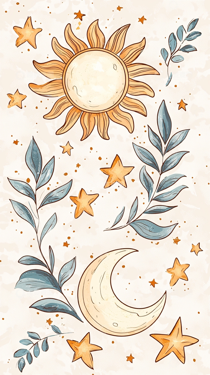 高清大图下载【趣麦麦图】日月星辰手绘插画背景图