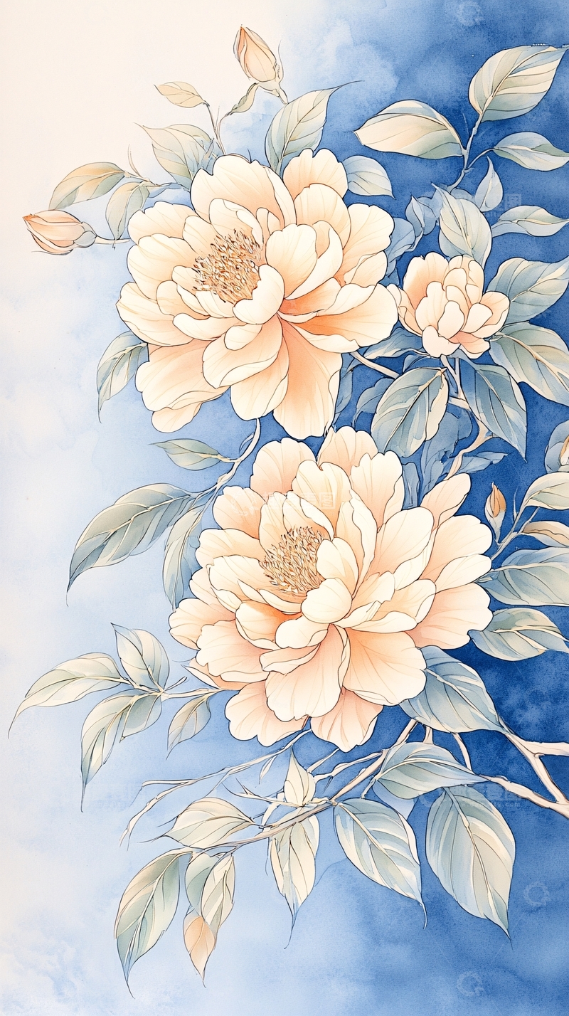 高清大图下载【趣麦麦图】淡雅花卉手绘插画背景图