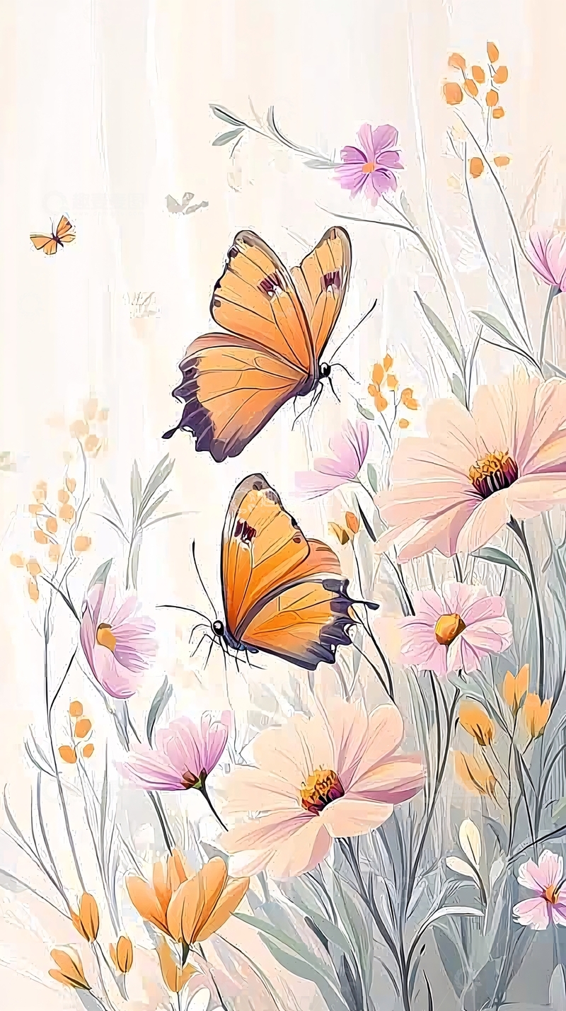 高清大图下载【趣麦麦图】蝴蝶与花朵的艺术插画