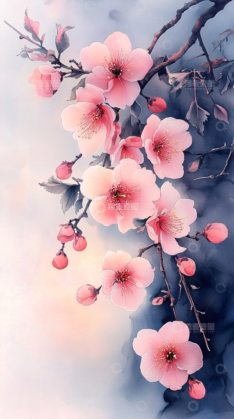 高清大图下载【趣麦麦图】粉红色樱花树枝艺术插画