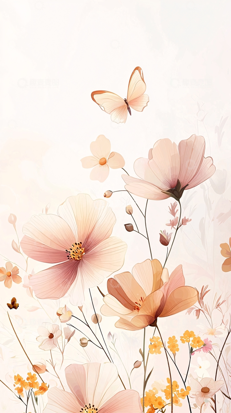 高清大图下载【趣麦麦图】秋日花蝶插画背景图