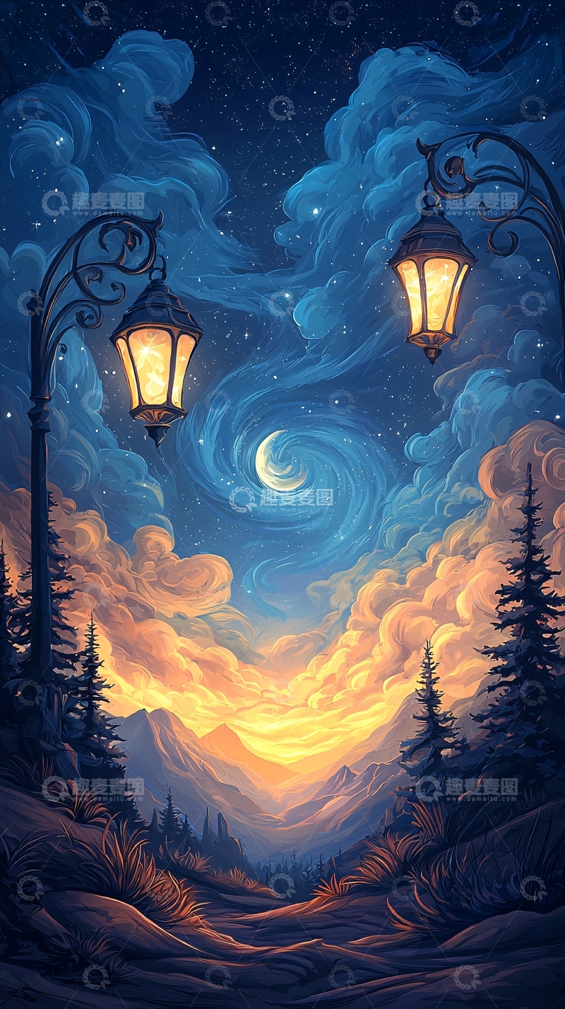 高清大图下载【趣麦麦图】夜色中的山间小径