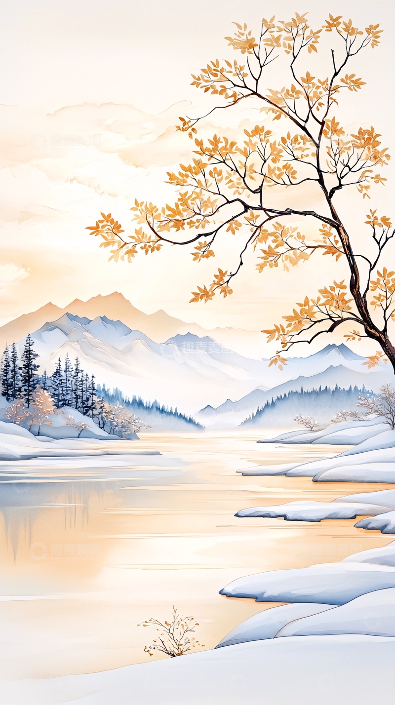 高清大图下载【趣麦麦图】秋日雪山湖畔风景图