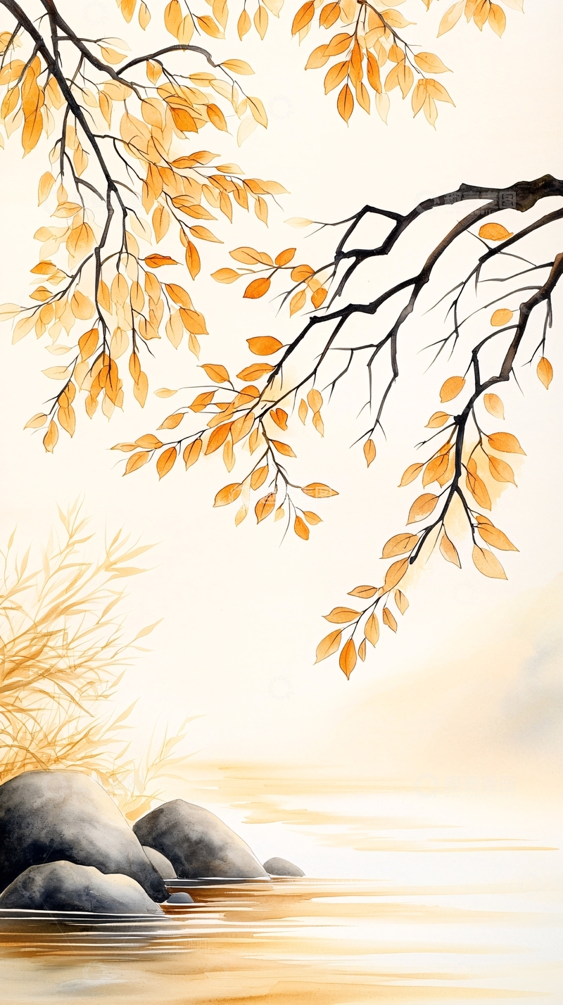 高清大图下载【趣麦麦图】秋日河边落叶风景