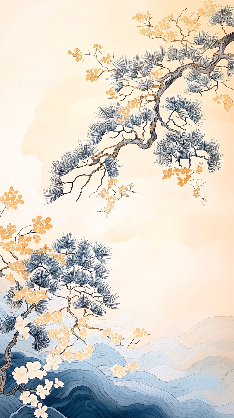 高清大图下载【趣麦麦图】松树樱花海浪背景图