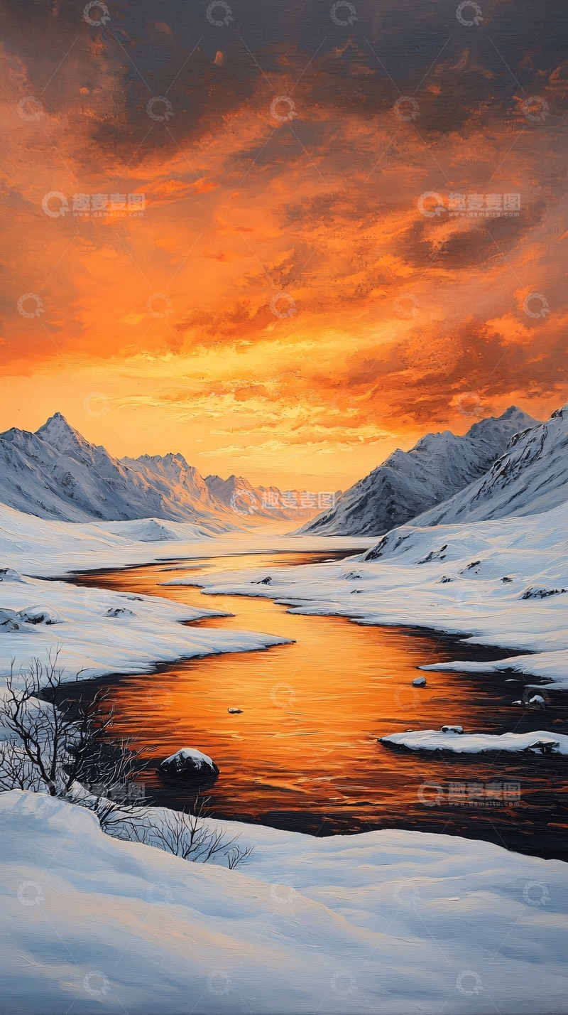 高清大图下载【趣麦麦图】冬日雪山河流夕阳