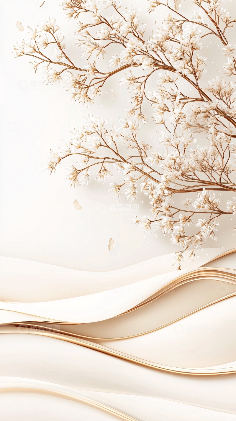 高清大图下载【趣麦麦图】金色树枝与波浪背景
