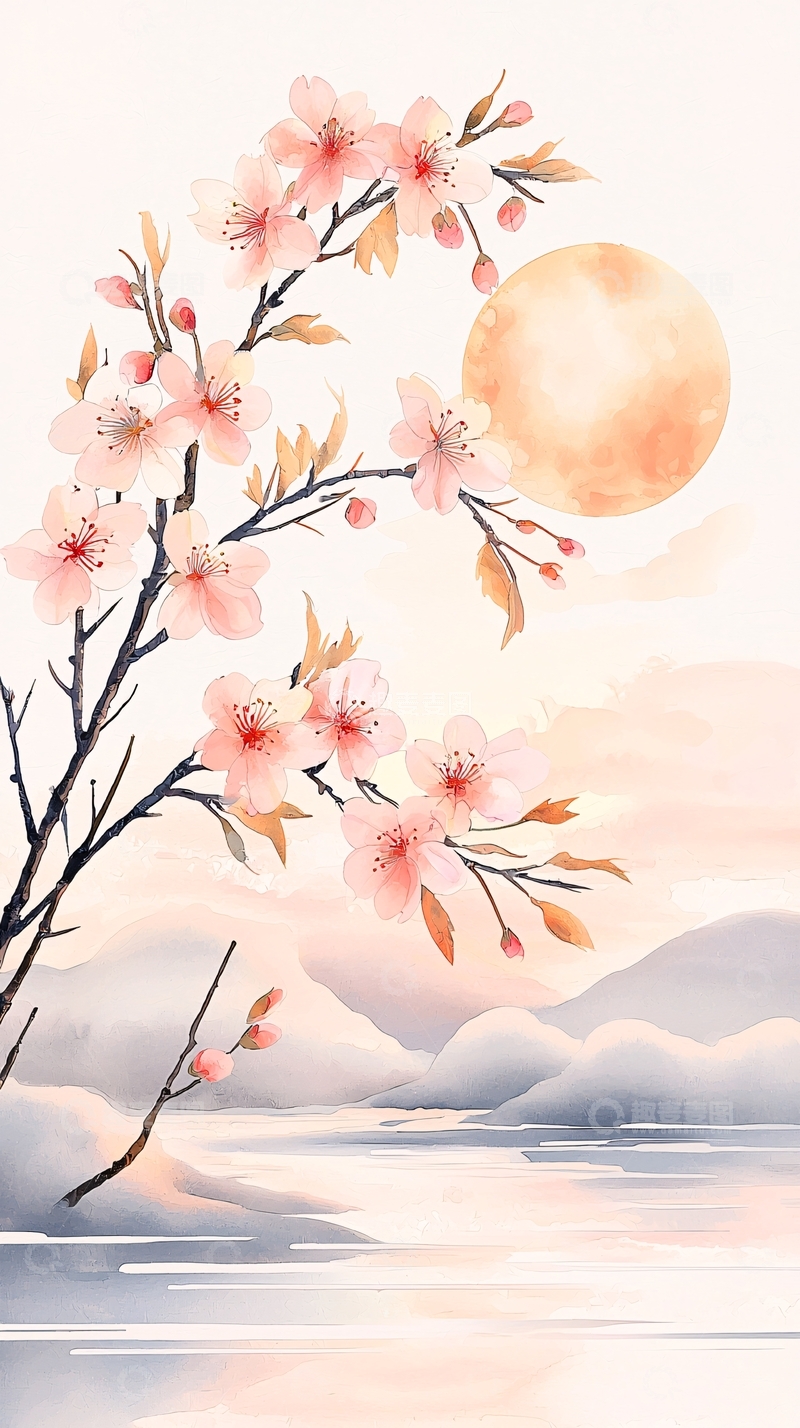 高清大图下载【趣麦麦图】樱花月夜山水画