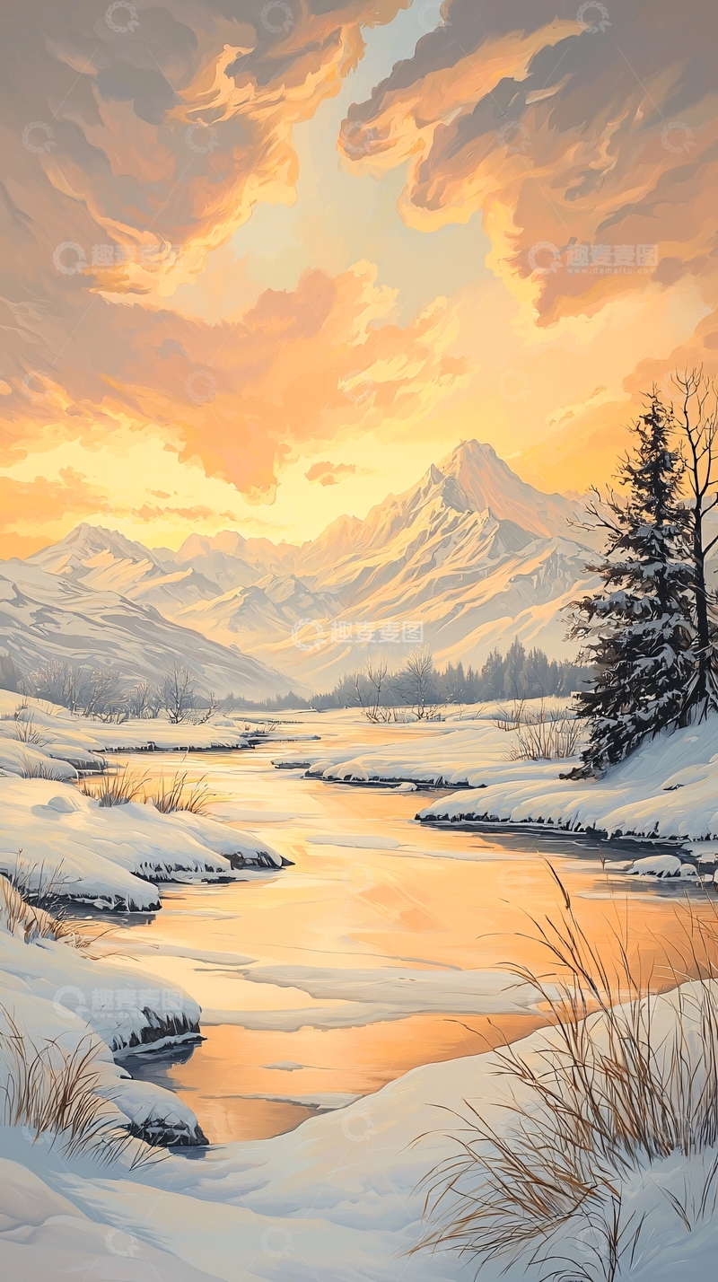 高清大图下载【趣麦麦图】冬日雪山河流风景