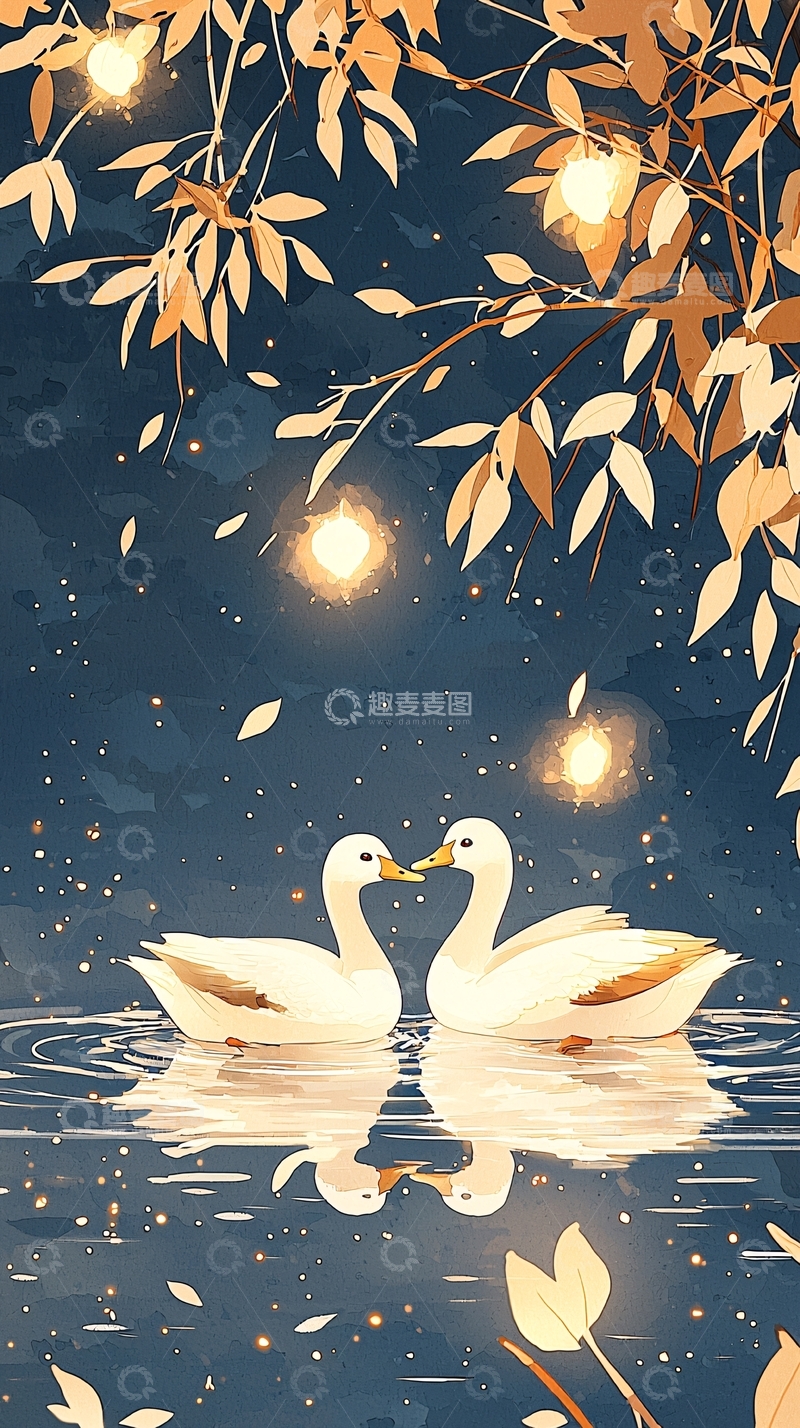 高清大图下载【趣麦麦图】秋夜湖畔双鹅图
