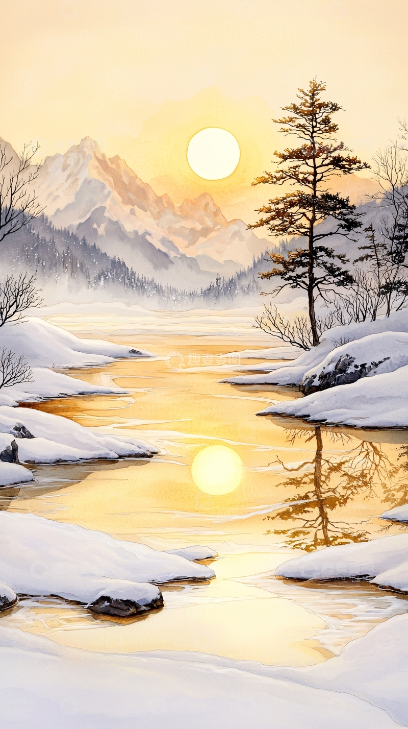 高清大图下载【趣麦麦图】冬日雪山河流夕阳美景