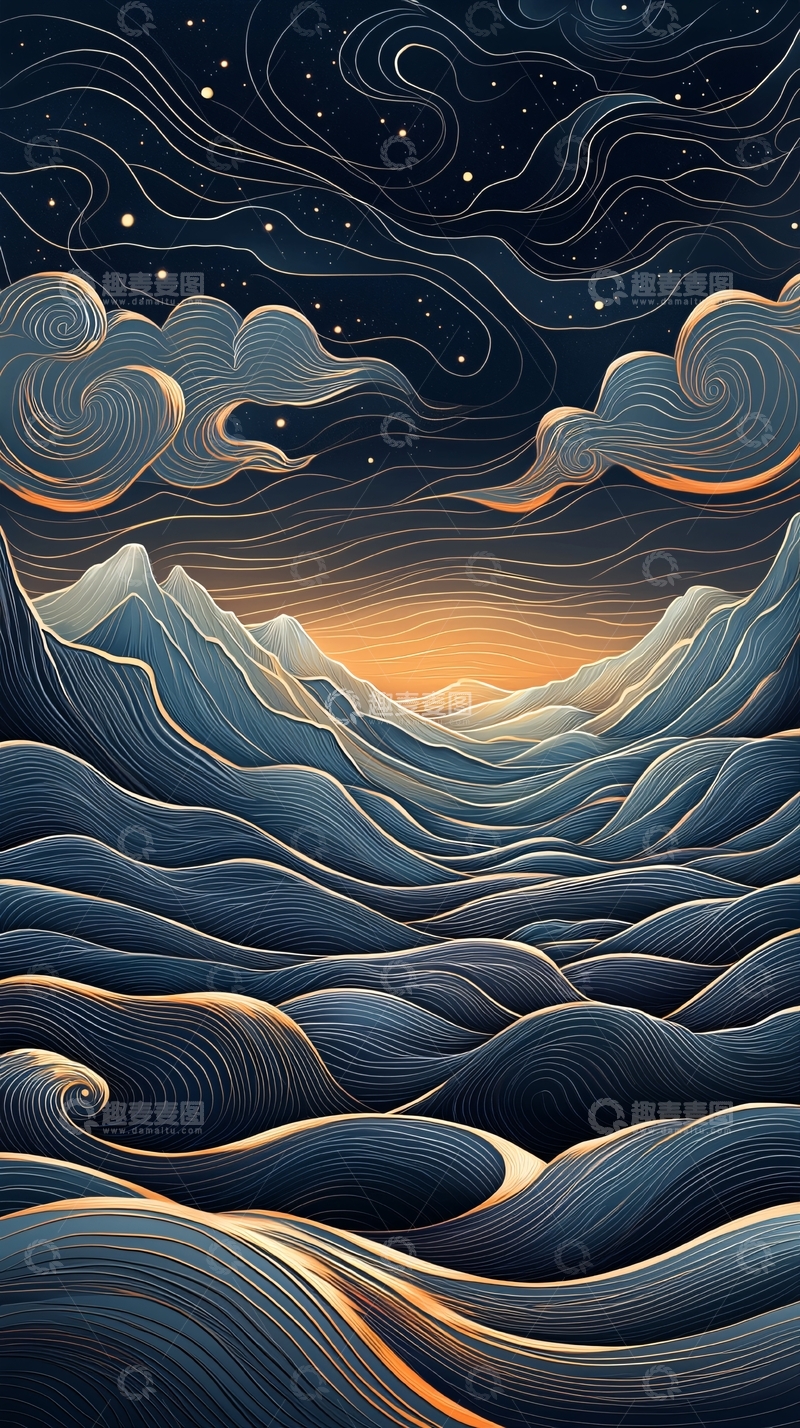 高清大图下载【趣麦麦图】夜空下的山峦波浪图