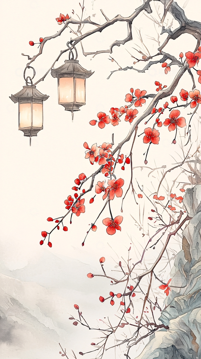 高清大图下载【趣麦麦图】红梅灯笼古风插画
