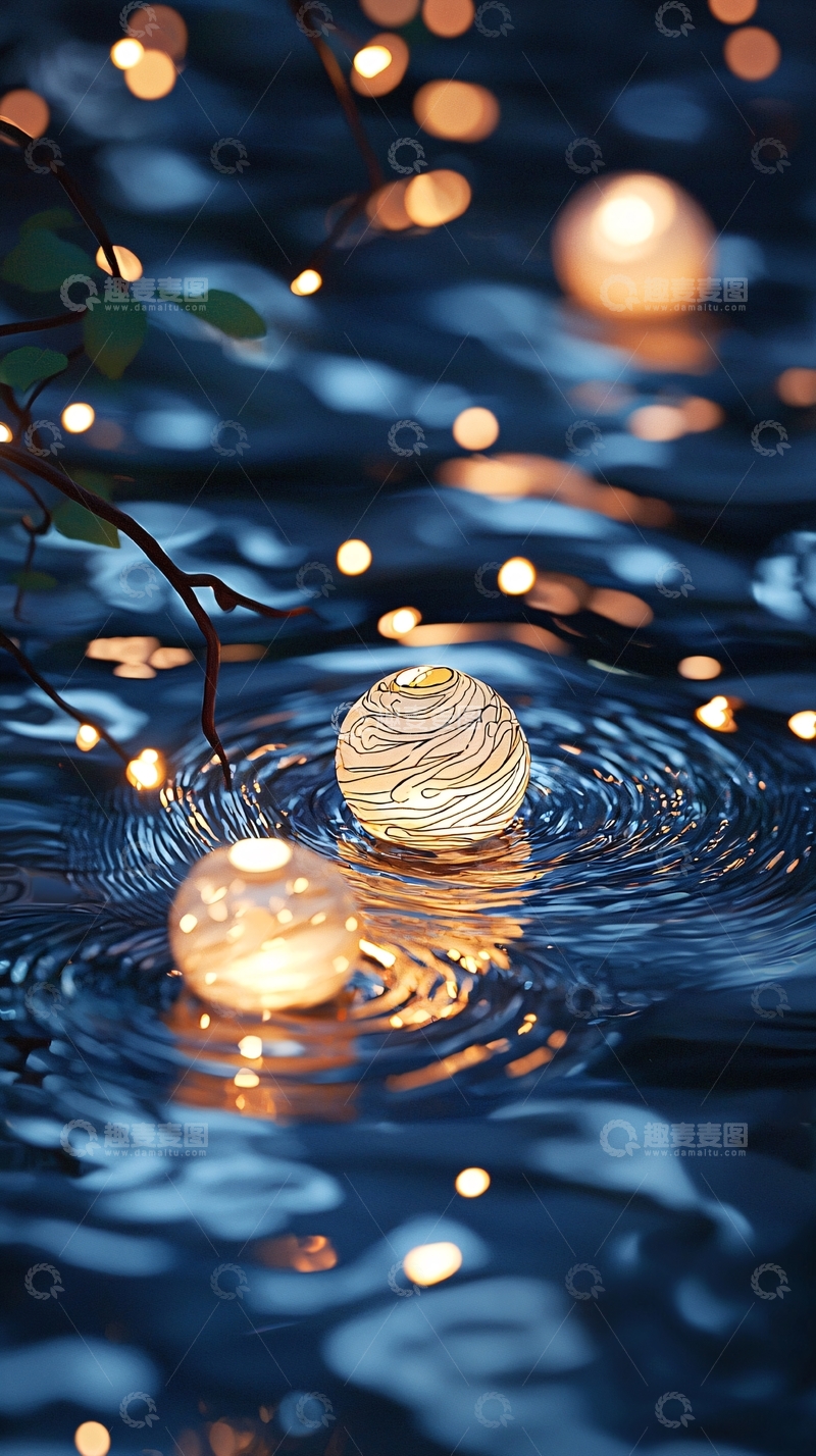 高清大图下载【趣麦麦图】水中漂浮的灯笼夜景