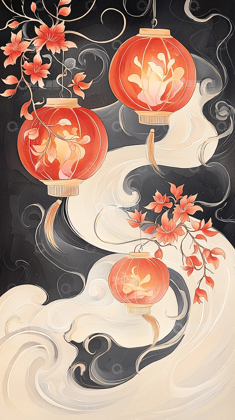 高清大图下载【趣麦麦图】灯笼与花卉的梦幻夜景