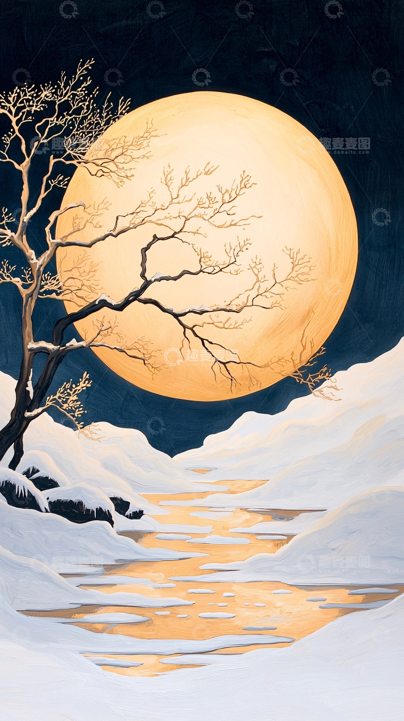 高清大图下载【趣麦麦图】冬夜月光下的雪景