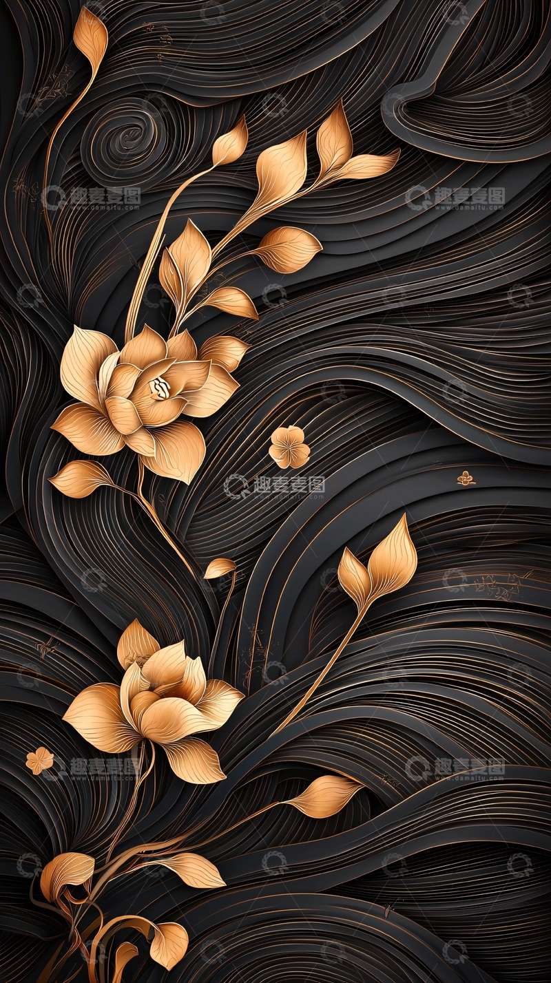 高清大图下载【趣麦麦图】金色花卉与黑色波纹背景