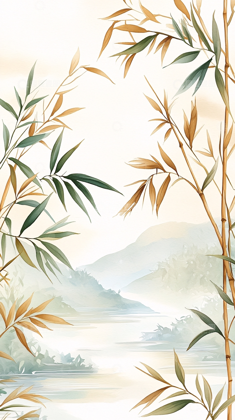 高清大图下载【趣麦麦图】竹林山水画背景图