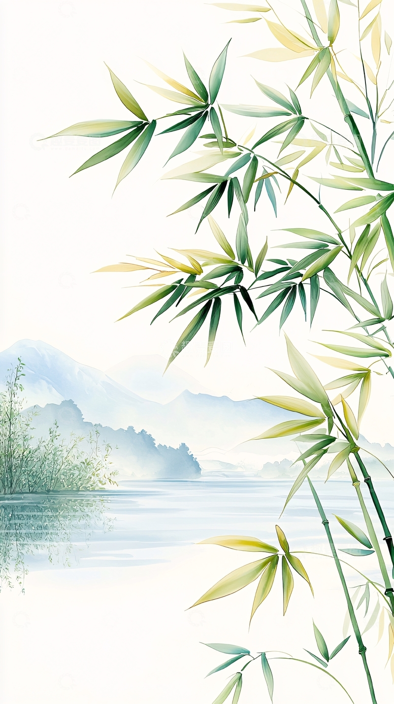 高清大图下载【趣麦麦图】竹叶山水画背景图
