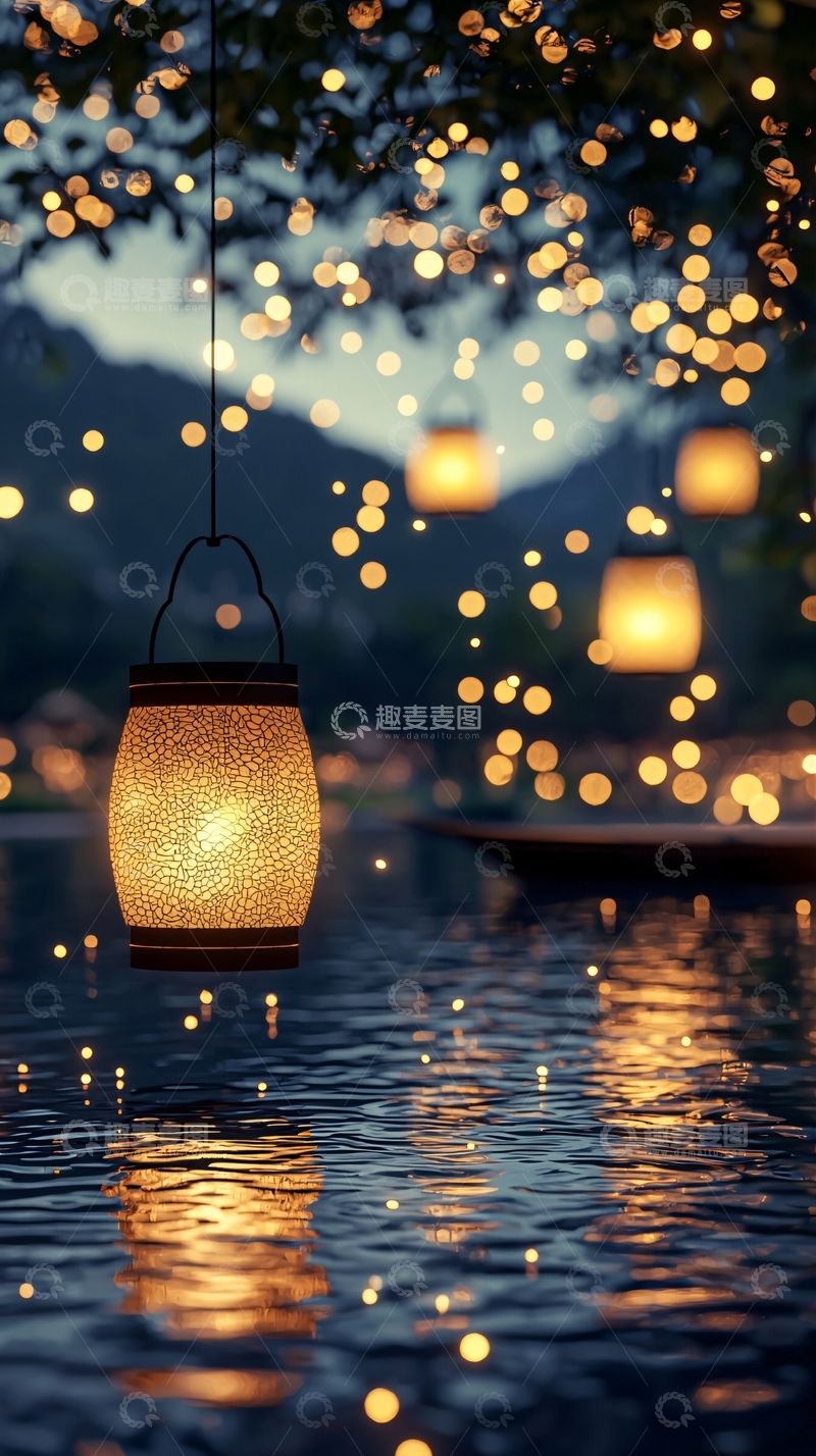 高清大图下载【趣麦麦图】夜晚湖边悬挂灯笼的美景