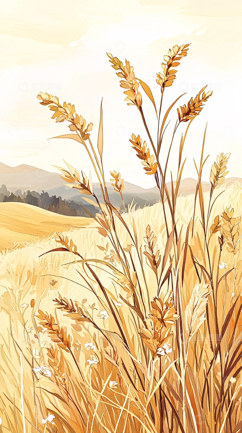 高清大图下载【趣麦麦图】秋日麦田风景插画
