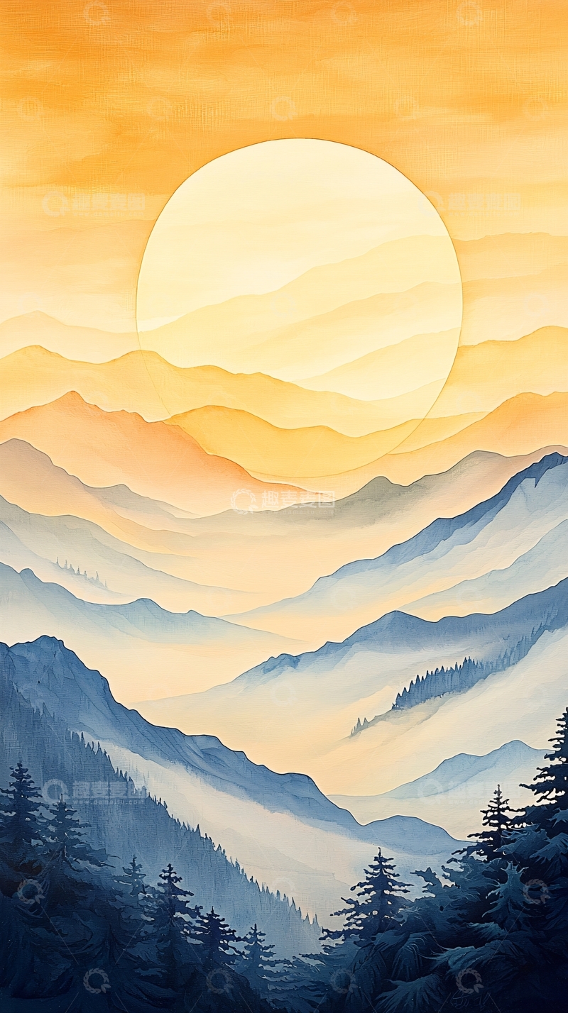 高清大图下载【趣麦麦图】日出山峦风景画