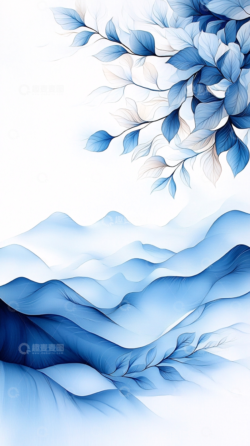 高清大图下载【趣麦麦图】蓝色山水画背景素材