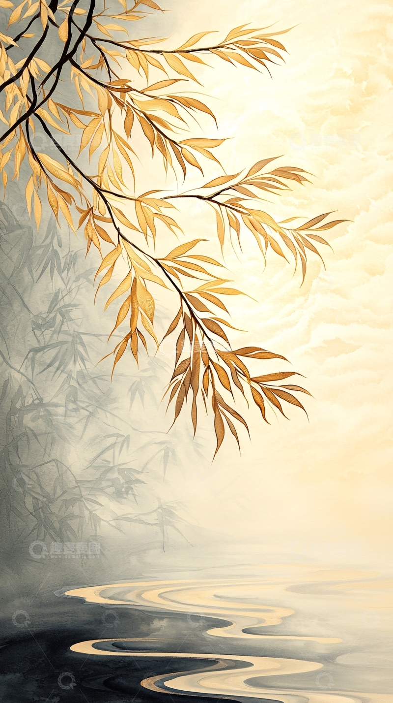 高清大图下载【趣麦麦图】秋日垂柳溪流图