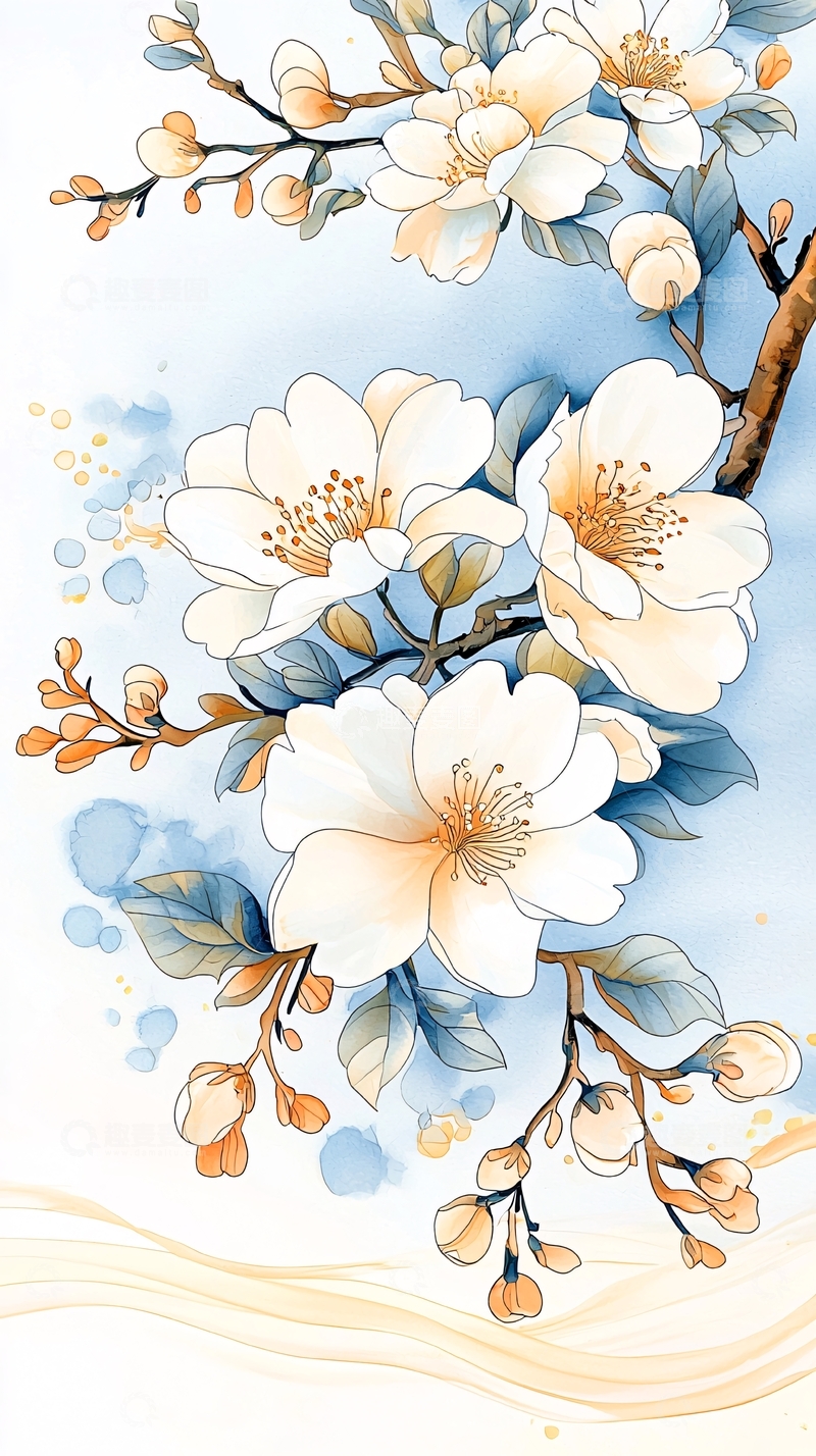 高清大图下载【趣麦麦图】淡雅花卉手绘插画背景图