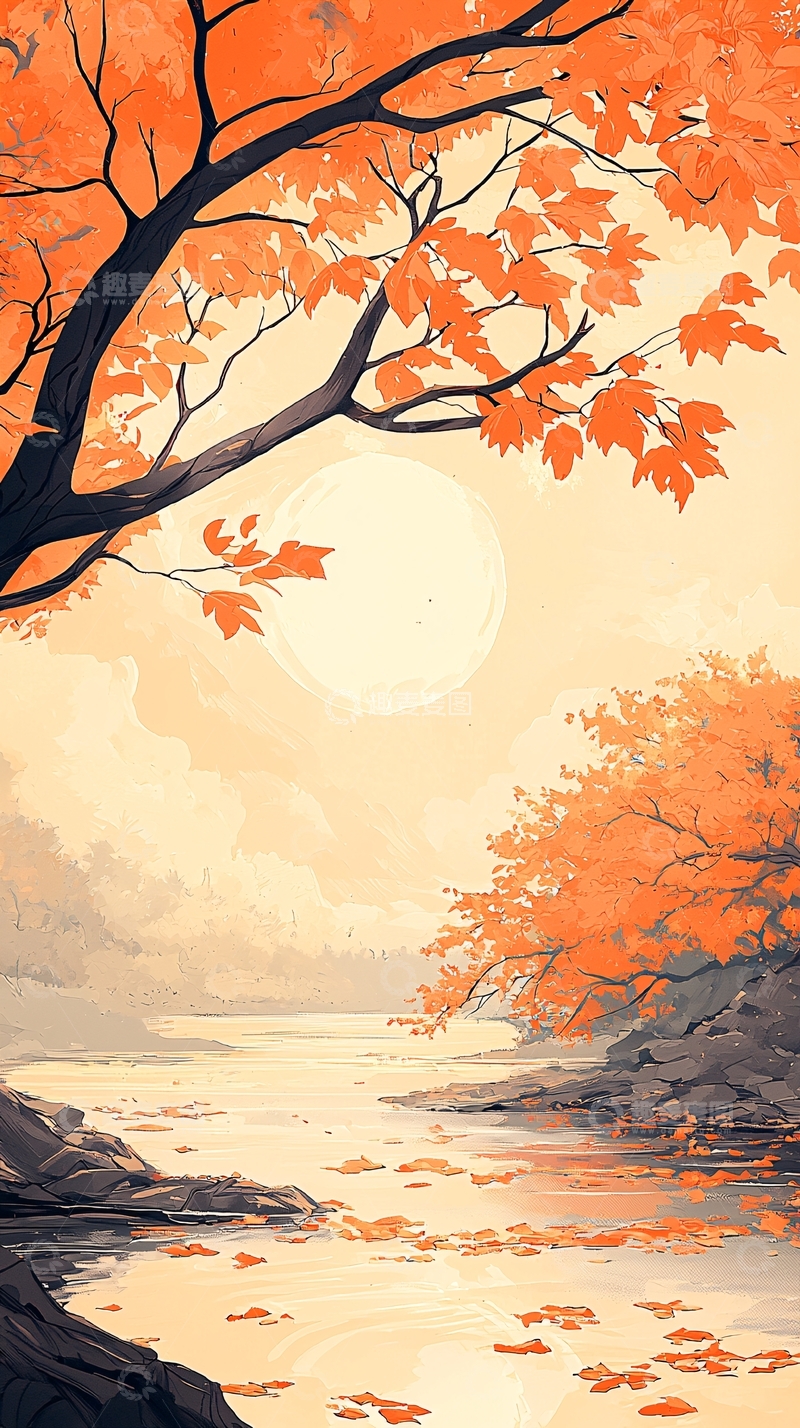高清大图下载【趣麦麦图】秋日黄昏下的河流与红叶