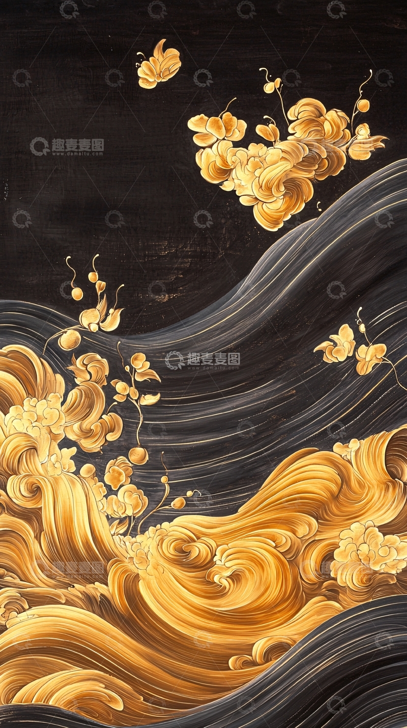 高清大图下载【趣麦麦图】金色波浪与蝴蝶的艺术插画