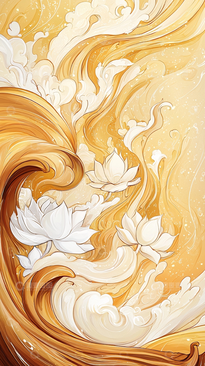 高清大图下载【趣麦麦图】金色波浪与莲花的艺术插画