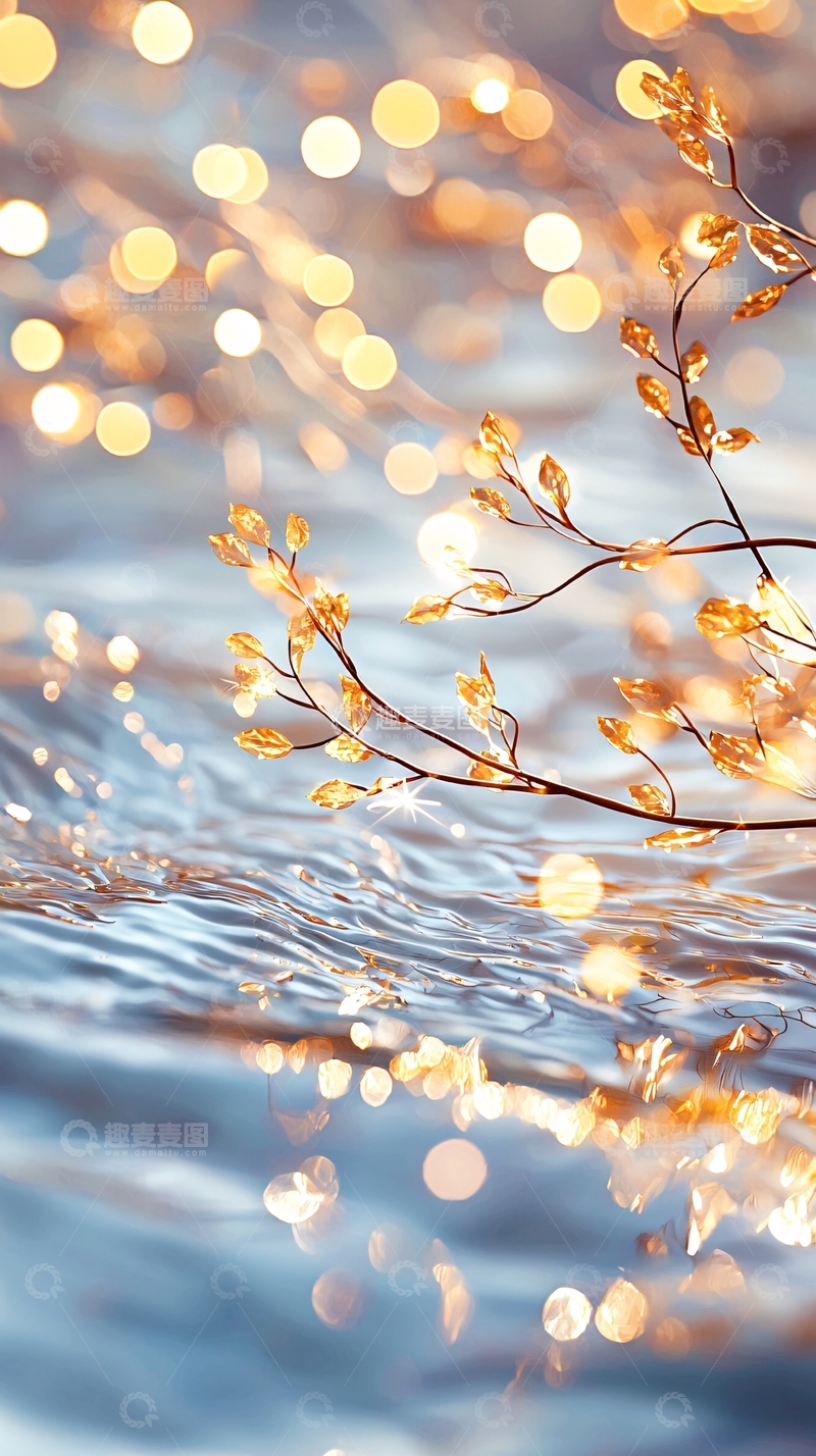高清大图下载【趣麦麦图】金色枝叶与水面的梦幻光影