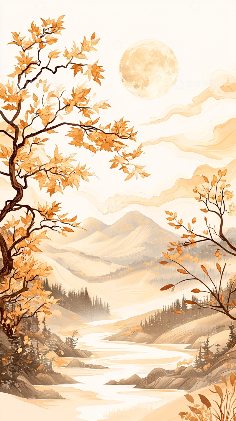 高清大图下载【趣麦麦图】秋日山河月夜图