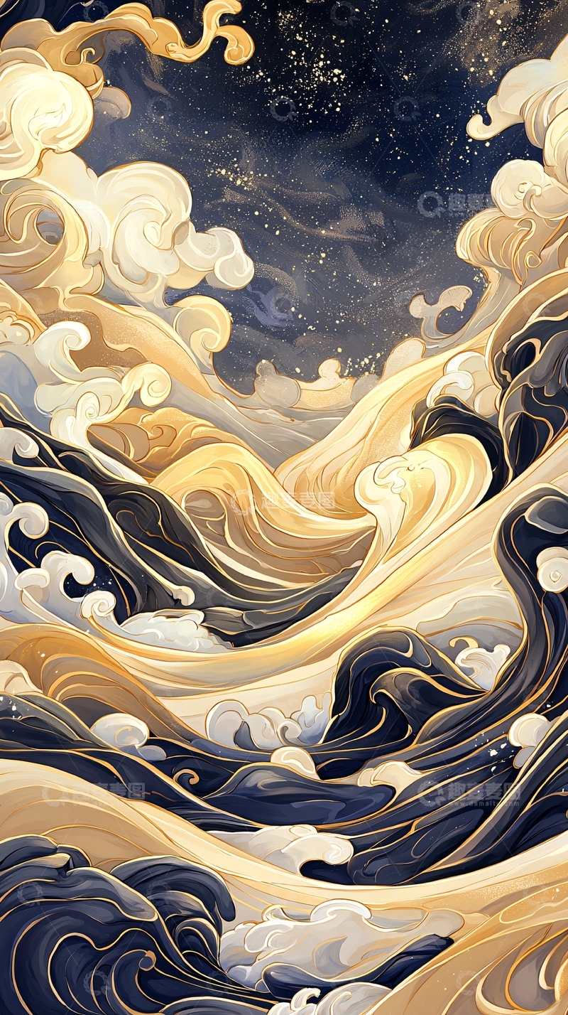 高清大图下载【趣麦麦图】金色波浪与夜空的艺术插画