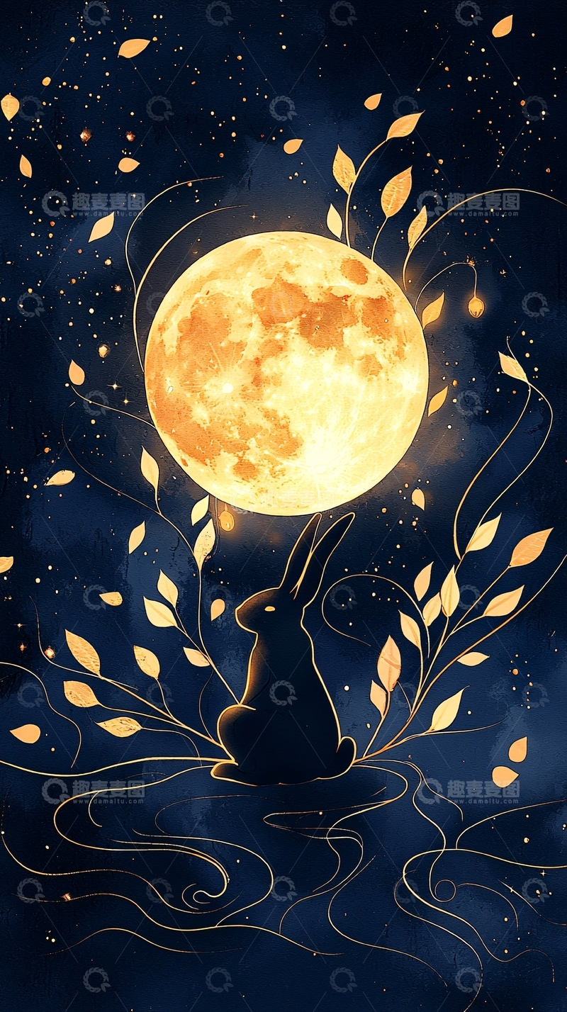 高清大图下载【趣麦麦图】月光下的兔子与落叶