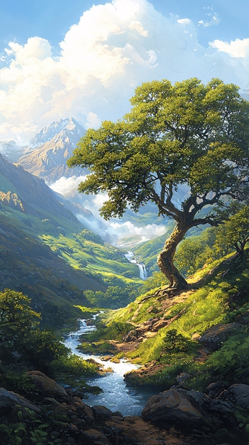 山谷中的绿树溪流