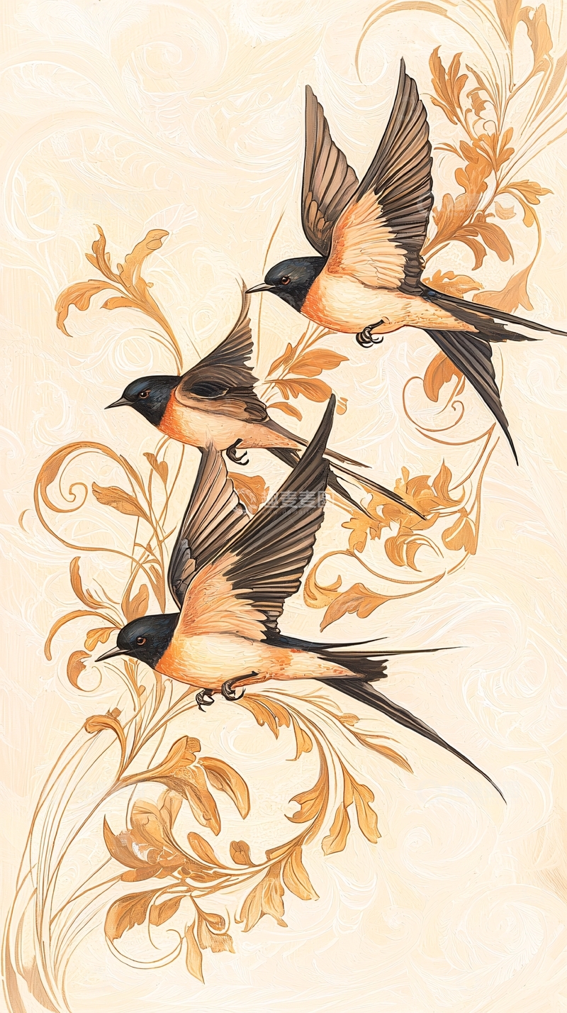 高清大图下载【趣麦麦图】飞舞的燕子与花卉图案背景