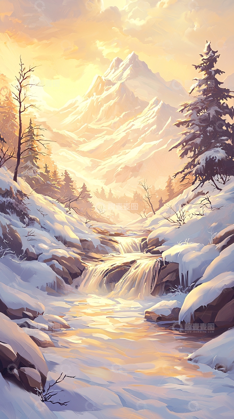 高清大图下载【趣麦麦图】冬日雪山瀑布风景