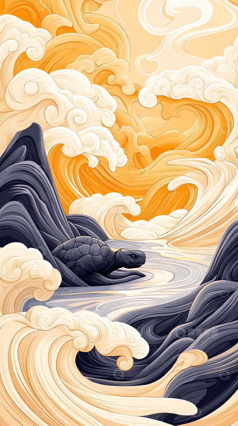 高清大图下载【趣麦麦图】海龟与波浪的艺术插画